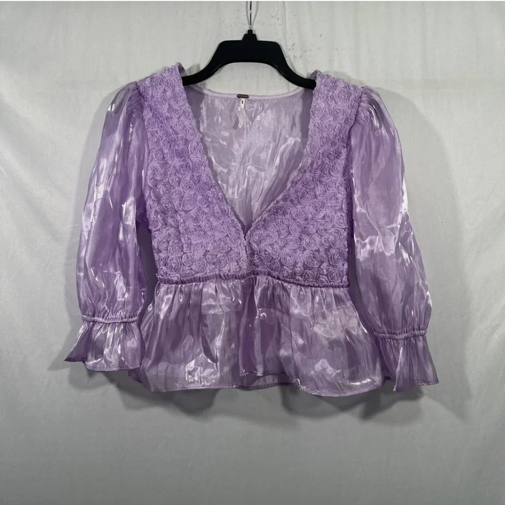 NEW Free People Faye Lavender Floral Top in Dramatic Combo [ Small‎ ] #6199